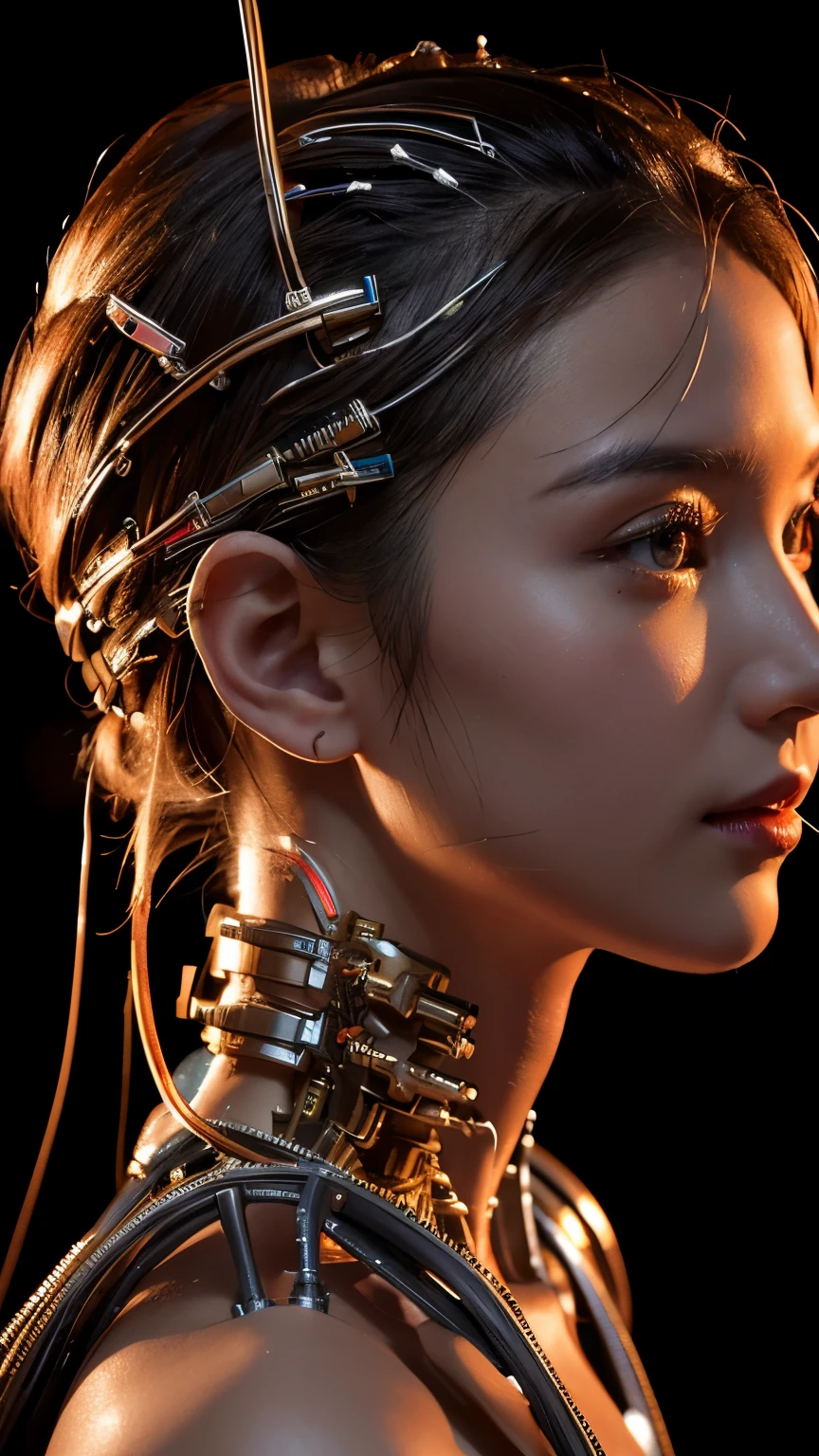 A portrait of a mechanical girl in stunning 8K resolution, meticulously detailed to the utmost realism. The scene is bathed in global illumination, casting intricate shadows that highlight the ornamental details of her metal form. Rendered with Octane rendering, the image boasts sharpness that reveals every intricate part of her construction. The color palette is cool and glowing, reminiscent of Egyptian artistry, with neon accents that add a futuristic flair. The mechanical girl's limbs and face are all machine, adorned with incredibly intricate details down to the smallest components. Her machine skin is a complex network of interconnected parts, including blood vessels merging seamlessly with tubes. She has machine hair and luminous mechanical vertebrae extending from her back, as well as a mechanical cervix attached to her neck, all emitting a soft glow. Standing amidst a sophisticated laboratory, she is connected to an intricate web of millions of wires and cables that link her head and body to various sophisticated equipment, creating a mesmerizing display of technological marvel. This composition is expected to trend highly on CGSociety for its exceptional realism and superlative attention to neon-lit and detailed mechanical elements.