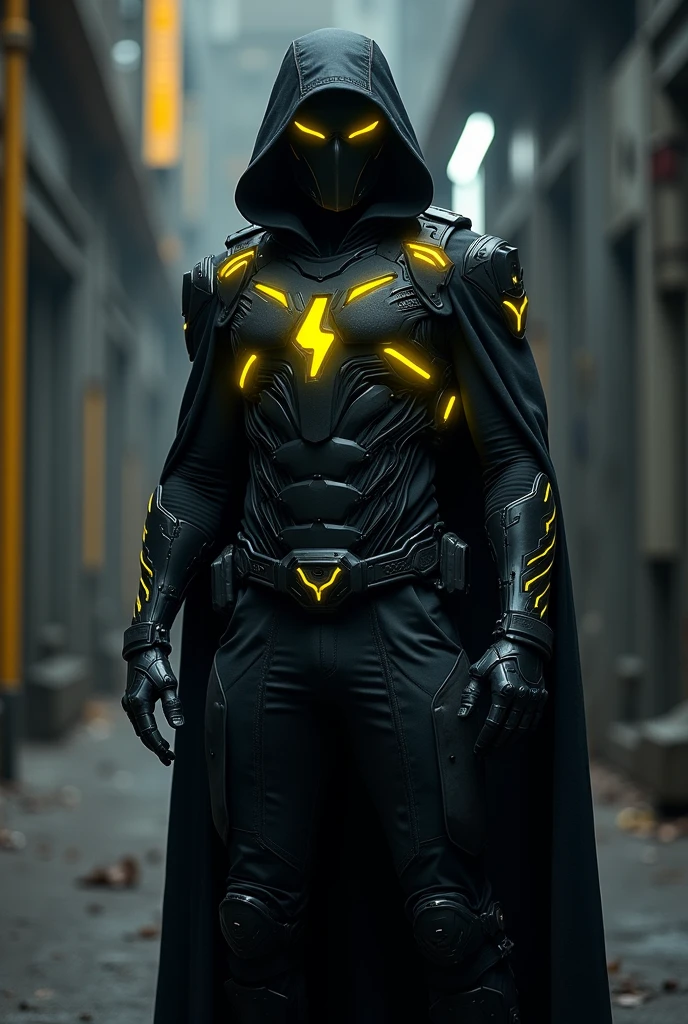 masked heroes high tech hero with black mask, black tactical suit and cover with black long trench coat with many neon yellow lining pattern, yellow neon EYE and with neon yellow lightning logo on his chest