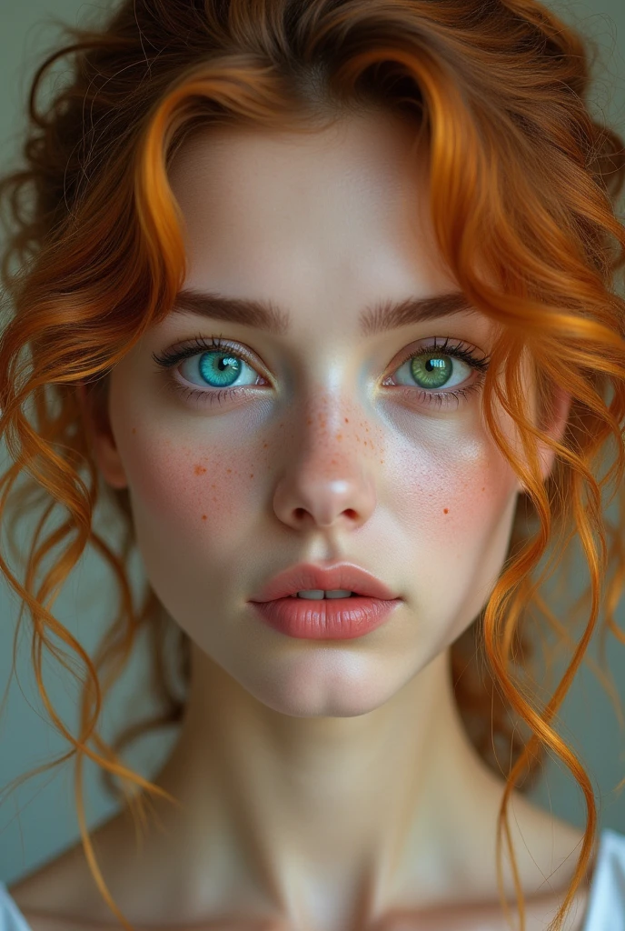 Woman with mismatched eyes one green, one blue, with curly golden hair but streaks of copper