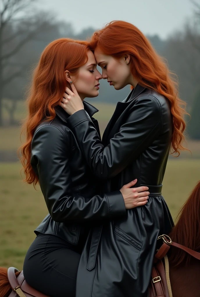 A ginger girl in black leather trench coat and pants with her head on the shoulders of her shy girlfriend while riding a horse, taking a realistic photo while hugging and touching boobs and licking neck with tounge
