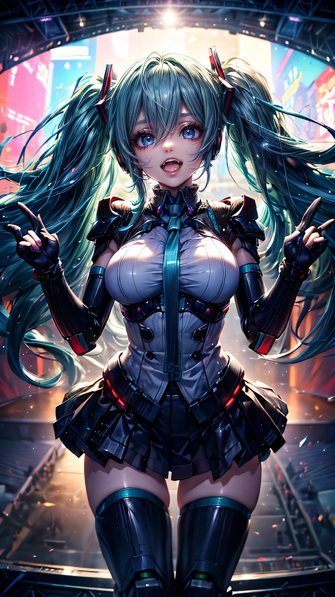 High resolution, Winner of numerous awards, Ultra high definition, Textured skin, retina,
masterpiece,(bestquality),highlydetailed,ultra-detailed,1girl, (A composition where a girl with giant roboT 1.4)(roboT)(,natural lighting:1.5,confidentexpression),(panorama:1.2),mecha, smile,angle、chrome,raw(Hatsune Miku:1.5)Green hair twintails.(Enthusiastic singing、smile:1.5)(LIVE Stage:1.5)(A large crowd:1.5)Headset microphone