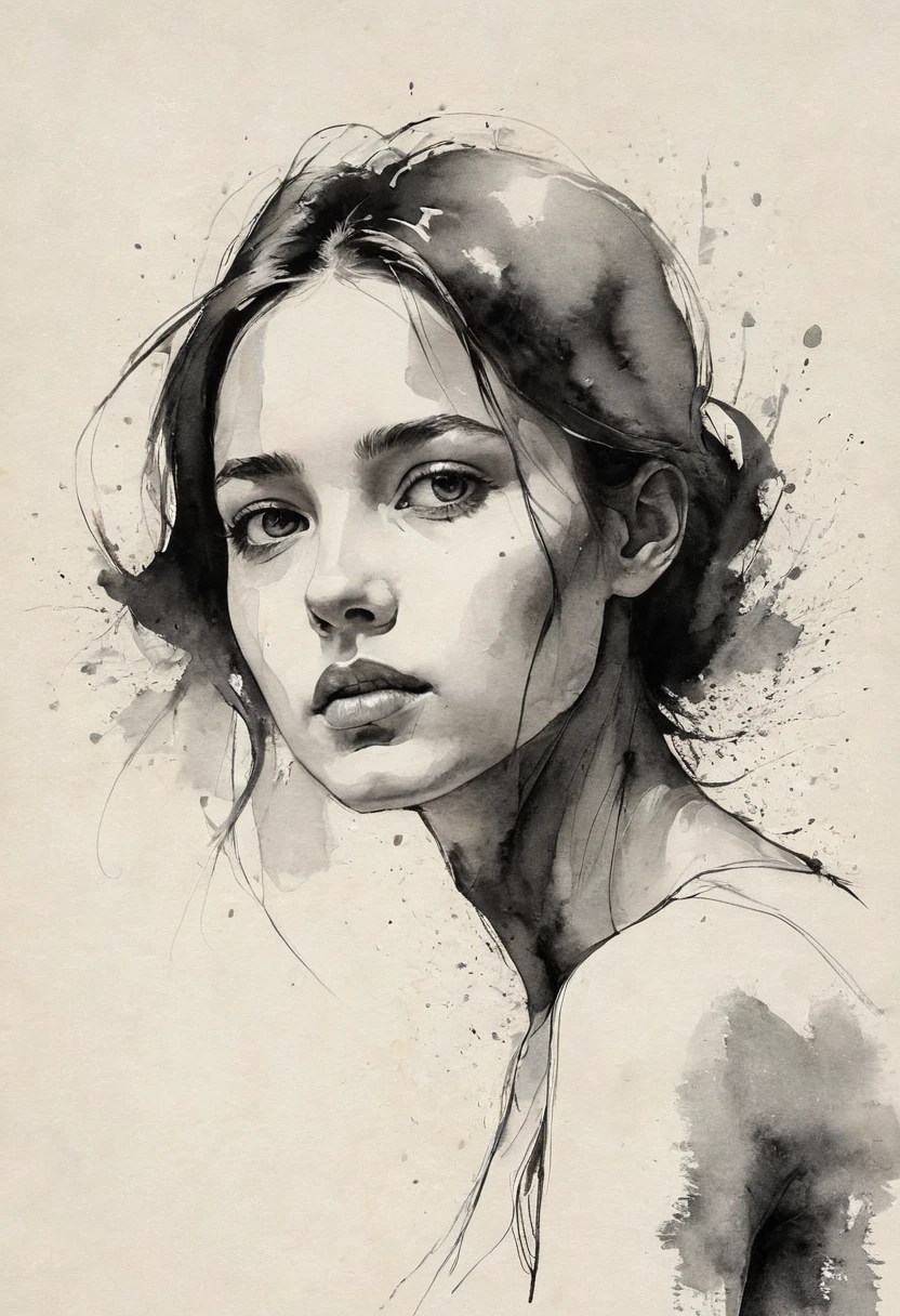 (Highest quality, High resolution, masterpiece:1.2), Very detailed, Realistic:1.37, Black ink sketch, Smooth lines, Expressive facial expressions and posture, Minimalist Background, Emphasis on light and shadow and spatial perception, Plenty of negative space, Young girl.Ink portrait,Smooth flowing lines,expressive face,Delicate emotions,Ink contrast,Simple Background,Emphasis on light and shadow,amplitude,Plenty of negative space,Peaceful atmosphere,Serene atmosphere,feels like a dream,Delicate yet fascinating details,Calm colors,Calm and introspective,Graceful posture,Gentle Movement,kind and innocent,A whisper of elegance,Quiet elegance,Shining Sparkle,Sublime Beauty,Vector illustration,Black and White,Natural and organic,Nurturing and calming,Sublime simplicity,Mysterious charm.