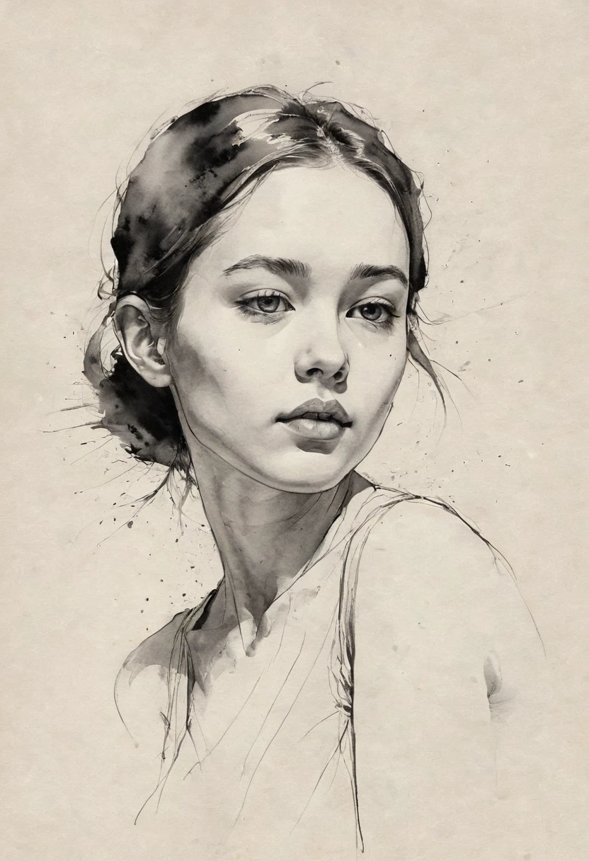 (Highest quality, High resolution, masterpiece:1.2), Very detailed, Realistic:1.37, Black ink sketch, Smooth lines, Expressive facial expressions and posture, Minimalist Background, Emphasis on light and shadow and spatial perception, Plenty of negative space, Young girl.Ink portrait,Smooth flowing lines,expressive face,Delicate emotions,Ink contrast,Simple Background,Emphasis on light and shadow,amplitude,Plenty of negative space,Peaceful atmosphere,Serene atmosphere,feels like a dream,Delicate yet fascinating details,Calm colors,Calm and introspective,Graceful posture,Gentle Movement,kind and innocent,A whisper of elegance,Quiet elegance,Shining Sparkle,Sublime Beauty,Vector illustration,Black and White,Natural and organic,Nurturing and calming,Sublime simplicity,Mysterious charm.