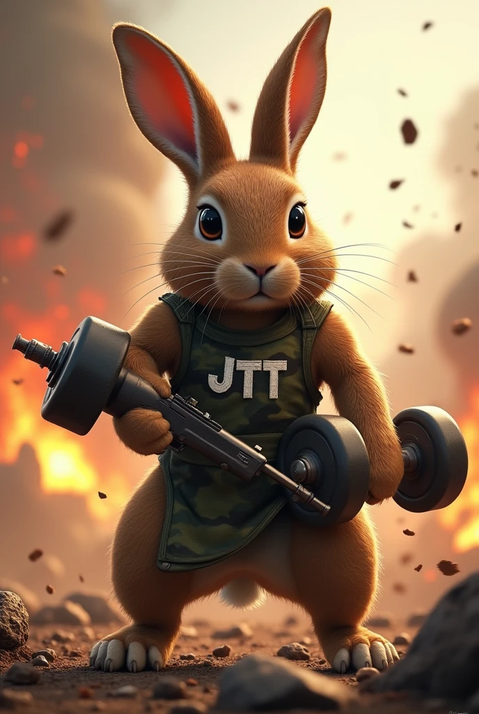 Final Fantasy style finish。Holland Lop Ear Rabbit with drooping ears　Lightly mottled broken brown、Body is white、Wearing a camouflage tank top、The body is muscular and well-trained.、The clothes say JTt、A fierce battlefield with explosions、He has a dumbbell and a gun in his hand