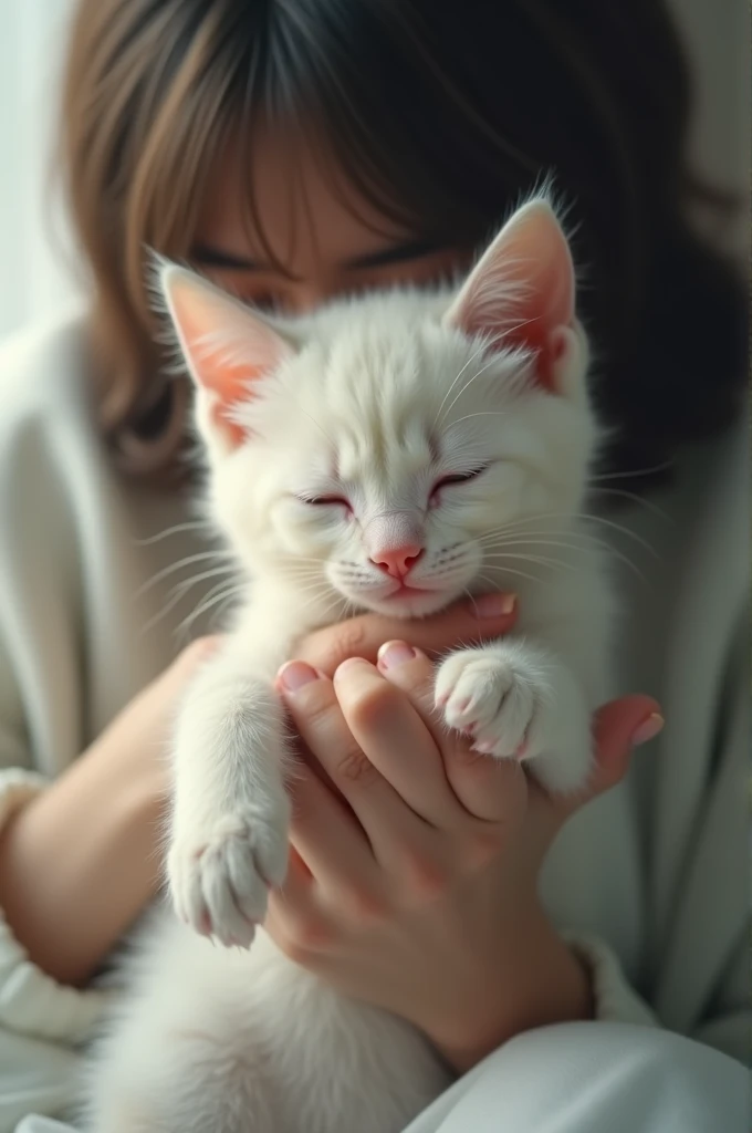 Imagine a white cat his age 4 month and weight 2 kg his face round and head light pink colour one mark and his last moment in life hold hand a young lady and leave eachother hands and do not show eachother face only show eachother leaving hand