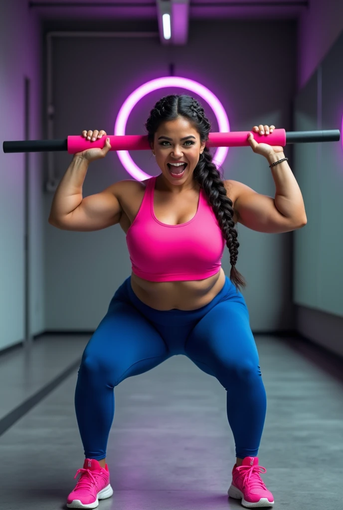 Brunette, Central European appearance, 3. Sexy woman in sportswear, sports pink top, sports blue leggings to the knee. Medium breasts, curvy medium shapes, pumped up buttocks, 15% body fat, 2 breast size, photo taken from the front, 1.4g 80mm master lens, SONY A9 camera. Sneakers on her feet. Hair braided into a long braid. Bright green eyes, stands with dark pink mini barbell behind her head on her shoulders, holds onto the barbell with her hands on the right and left, pink pancakes, head slightly down, excited expression, knees to the sides in a squat. Photo taken from the front of the model, looking forward, pink sneakers, high resolution image. Realistic image, empty gym, gray parquet floor, full-length mirrors on the right, neon purple ring with a diameter of 1.5 meters on the wall in the background, full-length image, super detailed skin. Dramatic Light. (((best quality))), style reality- sfw- 3:2-ar 2-super reality-