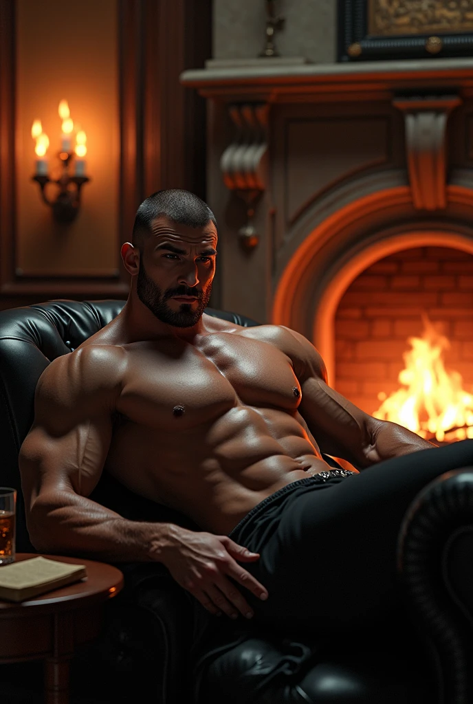 Muscular naked male supervillan laying seductivly infront of a fireplace
