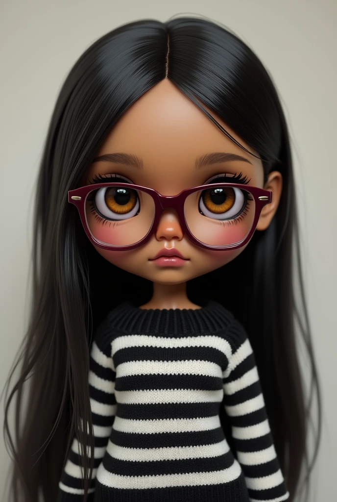 blythe doll, brown skin , straight black hair down to the back, Brown eyes , maroon glasses , black and white striped sweater . no hair on forehead .