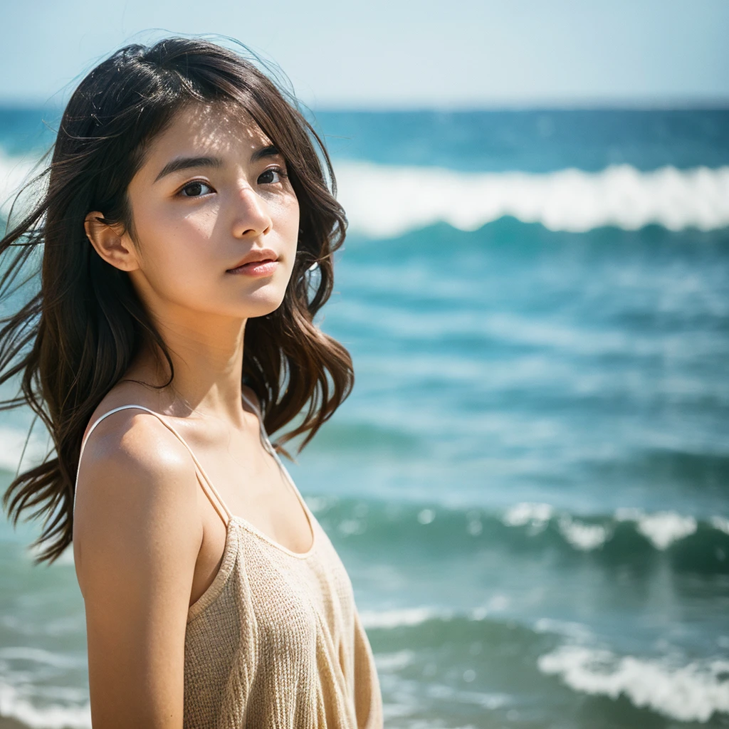 A hyper-realistic image of a single Japanese woman in her early 20s, captured with the nostalgic warmth and subtle graininess of a film camera, with the focus on her upper body from the shoulders up against a serene seaside backdrop. Her skin has a warm beige tone with a natural, slightly rough texture that includes visible pores, fine lines, and subtle imperfections such as small blemishes, adding to the authenticity of her appearance. The soft, diffused natural light reflects off the ocean waves, casting gentle, warm shadows across her face and shoulders, enhancing the film-like quality and creating a timeless, organic feel. Her straight, glossy black hair is slightly tousled by the ocean breeze, naturally framing her face, and her deep brown eyes reflect the soft light of the seaside, adding depth and emotion. The background subtly captures the peaceful ocean scenery with a glimpse of rolling waves and a faint horizon, blurred to maintain focus on her expression. The film camera effect introduces a slight grain and a softer focus, giving the image a warm, nostalgic atmosphere while maintaining the realistic texture of her skin. She is wearing a light, airy top that complements her natural beauty and the beach setting, with the overall composition designed to evoke a sense of genuine, understated elegance and connection with nature.