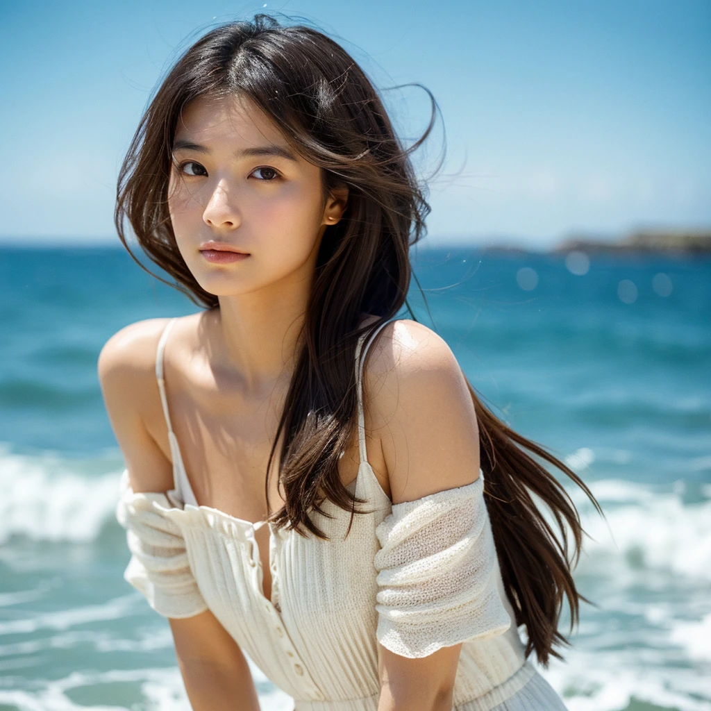 A hyper-realistic image of a single Japanese woman in her early 20s, captured with the nostalgic warmth and subtle graininess of a film camera, with the focus on her upper body from the shoulders up against a serene seaside backdrop. Her skin has a warm beige tone with a natural, slightly rough texture that includes visible pores, fine lines, and subtle imperfections such as small blemishes, adding to the authenticity of her appearance. The soft, diffused natural light reflects off the ocean waves, casting gentle, warm shadows across her face and shoulders, enhancing the film-like quality and creating a timeless, organic feel. Her straight, glossy black hair is slightly tousled by the ocean breeze, naturally framing her face, and her deep brown eyes reflect the soft light of the seaside, adding depth and emotion. The background subtly captures the peaceful ocean scenery with a glimpse of rolling waves and a faint horizon, blurred to maintain focus on her expression. The film camera effect introduces a slight grain and a softer focus, giving the image a warm, nostalgic atmosphere while maintaining the realistic texture of her skin. She is wearing a light, airy top that complements her natural beauty and the beach setting, with the overall composition designed to evoke a sense of genuine, understated elegance and connection with nature.