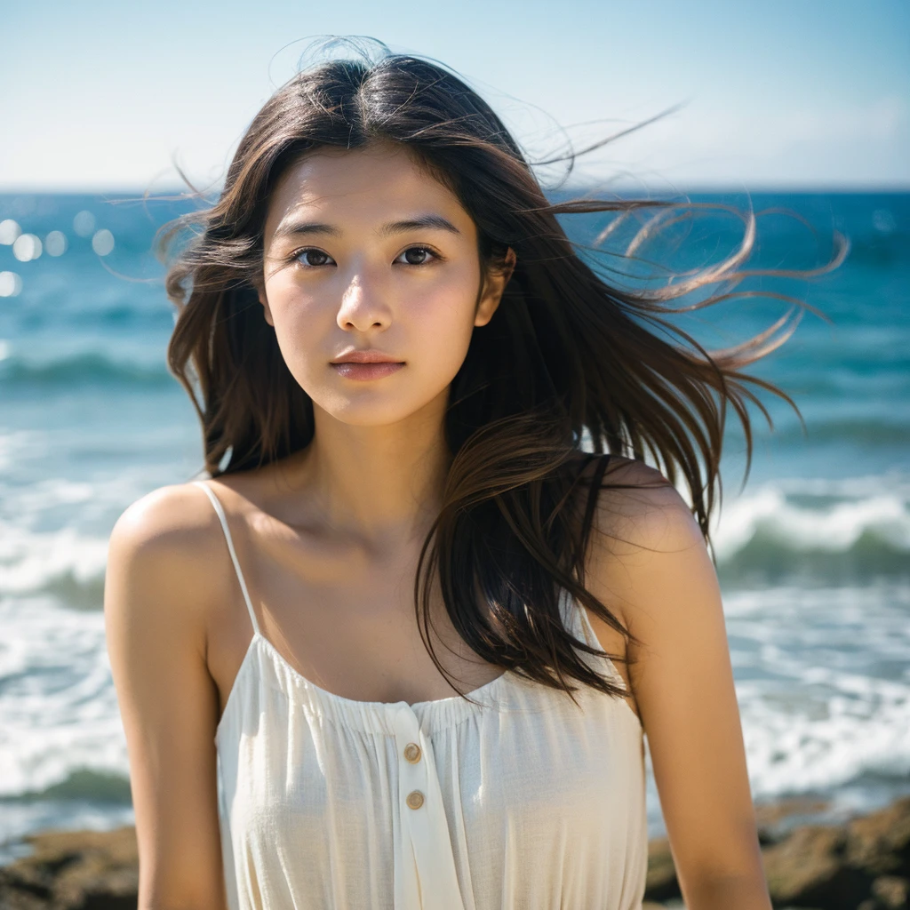 A hyper-realistic image of a single Japanese woman in her early 20s, captured with the nostalgic warmth and subtle graininess of a film camera, with the focus on her upper body from the shoulders up against a serene seaside backdrop. Her skin has a warm beige tone with a natural, slightly rough texture that includes visible pores, fine lines, and subtle imperfections such as small blemishes, adding to the authenticity of her appearance. The soft, diffused natural light reflects off the ocean waves, casting gentle, warm shadows across her face and shoulders, enhancing the film-like quality and creating a timeless, organic feel. Her straight, glossy black hair is slightly tousled by the ocean breeze, naturally framing her face, and her deep brown eyes reflect the soft light of the seaside, adding depth and emotion. The background subtly captures the peaceful ocean scenery with a glimpse of rolling waves and a faint horizon, blurred to maintain focus on her expression. The film camera effect introduces a slight grain and a softer focus, giving the image a warm, nostalgic atmosphere while maintaining the realistic texture of her skin. She is wearing a light, airy top that complements her natural beauty and the beach setting, with the overall composition designed to evoke a sense of genuine, understated elegance and connection with nature.