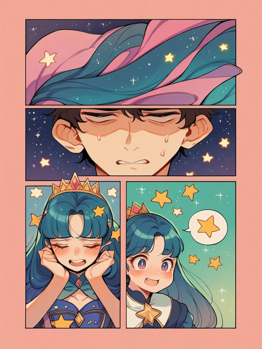 score_9, score_8_up, score_7_up, score_6_up, p4n3ls, 1girl, 1boy, stars, long hair, panels, (8k, best quality, master piece: 1.2),super high resolution,A page of a soft pastel colored comic book divided into frames、A princess falls in love with a demon、speech bubble、Powerful girl manga style