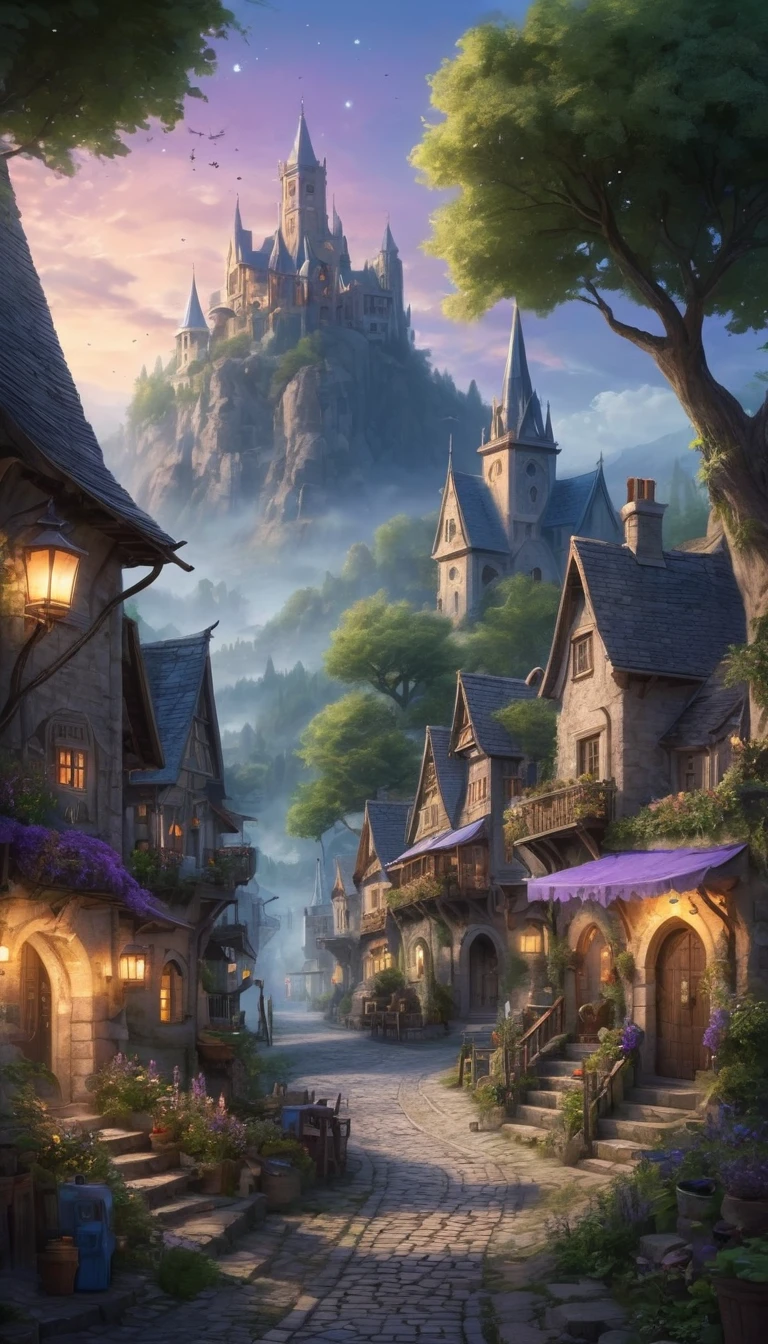 Create an incredibly enchanting and visually stunning image of an "Ancient Otherworldly Little Town." Imagine a secluded, mystical village nestled in a hidden valley, surrounded by towering, ethereal mountains and dense, enchanted forests. The architecture of the town is a blend of ancient stone buildings with intricate carvings and organic, nature-inspired structures that seem to grow from the ground itself.
In the foreground, a cobblestone street winds through the town, lined with lanterns that emit a soft, magical glow. The townspeople, dressed in robes and garments of an otherworldly style, go about their daily activities, some tending to glowing gardens, others working with mysterious artifacts.
The town square features a magnificent, ancient tree with sprawling branches that reach towards the sky, its leaves shimmering with an iridescent light. Around the tree, market stalls sell exotic goods and magical items, creating a bustling, vibrant atmosphere.
The sky above is a twilight gradient of deep purples, blues, and teals, with stars and celestial phenomena adding to the sense of wonder. The mountains and forests in the background are bathed in a soft, ethereal mist, adding depth and mystery to the scene.
The color palette should be rich and mystical, with a harmonious blend of natural and magical hues. Use detailed, flowing lines to capture the intricate beauty of the town and its surroundings. The entire image should evoke a sense of wonder, serenity, and the timeless charm of an ancient, otherworldly little town, 8k