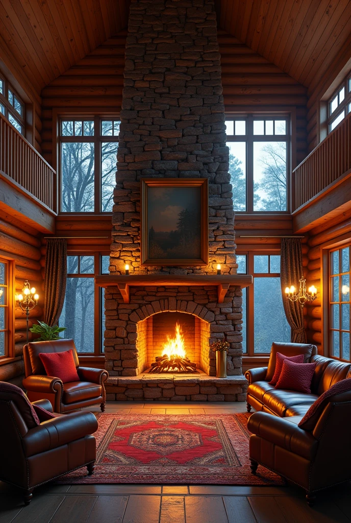 (photorealism:1.2),Imagine a stunning, double-height living room in a charming log cabin, where warmth and coziness define the space. night view, bulbs are on, big room


 realistic, intricate details, warm colors, by Greg Rutkowski, by Alphonse Mucha