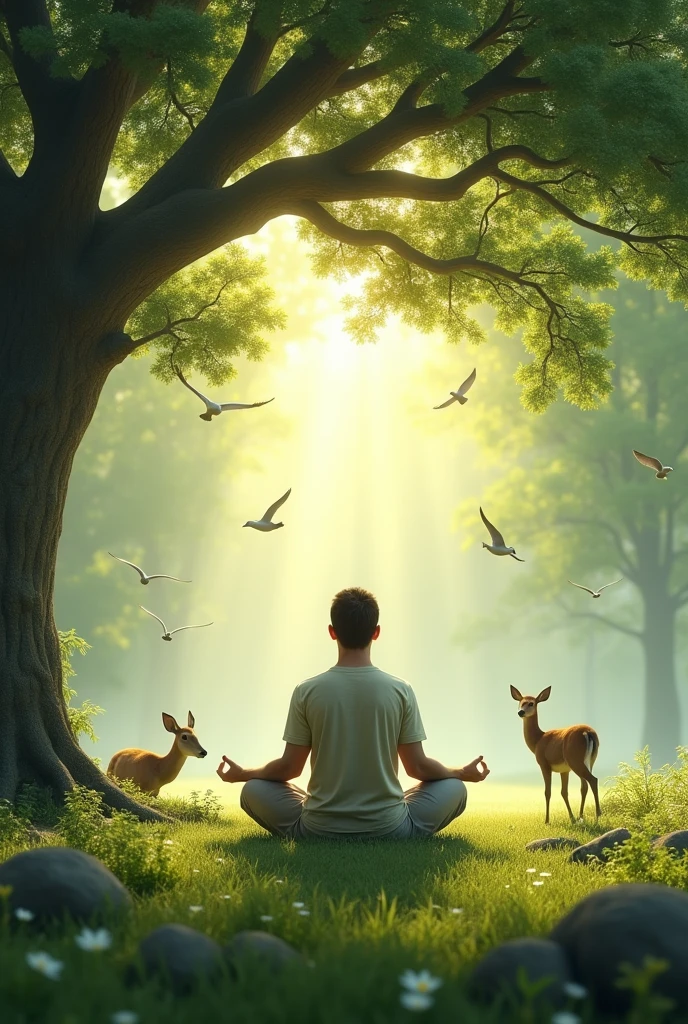 A man sitting under the tree in meditation state and around birds deer and other animals walk