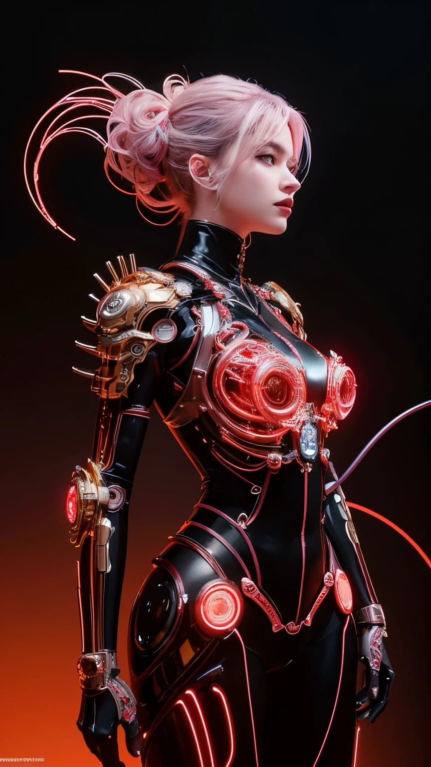 A portrait of a mechanical girl in stunning 8K resolution, meticulously detailed to the utmost realism. The scene is bathed in global illumination, casting intricate shadows that highlight the ornamental details of her metal form. Rendered with Octane rendering, the image boasts sharpness that reveals every intricate part of her construction. The color palette is cool and glowing, reminiscent of Egyptian artistry, with neon accents that add a futuristic flair. The mechanical girl's limbs and face are all machine, adorned with incredibly intricate details down to the smallest components. Her machine skin is a complex network of interconnected parts, including blood vessels merging seamlessly with tubes. She has machine hair and luminous mechanical vertebrae extending from her back, as well as a mechanical cervix attached to her neck, all emitting a soft glow. Standing amidst a sophisticated laboratory, she is connected to an intricate web of millions of wires and cables that link her head and body to various sophisticated equipment, creating a mesmerizing display of technological marvel. This composition is expected to trend highly on CGSociety for its exceptional realism and superlative attention to neon-lit and detailed mechanical elements.