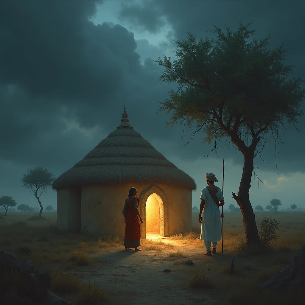 Create an image in which there are dark clouds in the sky and there is a big shiny hut and in front of the hut there is a tree Near the hut is a woman wearing Rajasthani Lugdi and she is about 40 years old. . Took the cutlery and near the tree stood a man who was 20 years old, 'n groot snor het en Rajasthani wit dhoti kurta dra, 'n tulband op sy kop het, hy het 'n spies in sy hand.