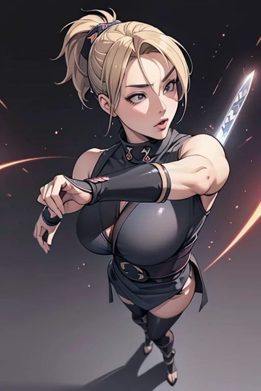 Highest quality,Ultra HD,Best AI Images, Full body photo,(Beautiful face like a Japanese actress), ((Blonde 1.2))，Japan no Kunoichi, Covert behavior, Female Ninja, ((Dagger fight scene)),Dagger fight scene1.3,portrait of japanese woman, , Trending on deviantart, ((Grey short ninja costume 1.5))，((Sexy Kunoichi,Big Breasts)), Japanese spy, Cel animation style, (Beautiful Face 1.5), Key Visual, Vibrant, (((Night Castle Background 1.5))), Very detailed, growing up,