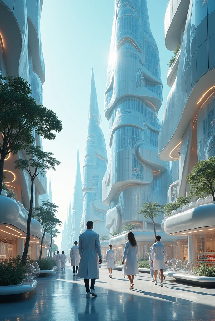 A futuristic scene, Life with chemistry and chemicals, chemistry created a new world, all buildings look like chemistry models, humans dress like chemistry models, road, light all things related to chemistry models, periodic table on board, glasswares, apparatus, ball and stick model chemicals, chemists wearing lab coat, realistic image, ultra fine image, clean, clear image