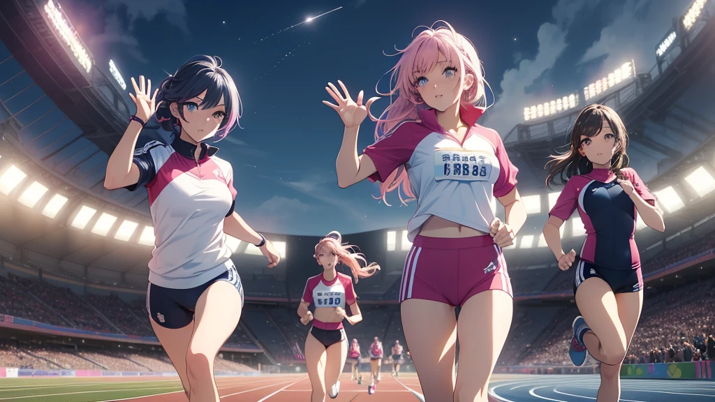 Masterpiece, super high quality anime style illustration, 8K, ((Olympic 100m sprint)), bright lights flying around, very beautiful 20 year old ((2 female athletes)), ((2 beautiful girls)) ((running in front of the camera))), ((waving)), colorful hair, ((highly detailed face)), perfect make-up, colorful eyes, pink lips, sportswear, average breasts, cleavage, beautiful legs.