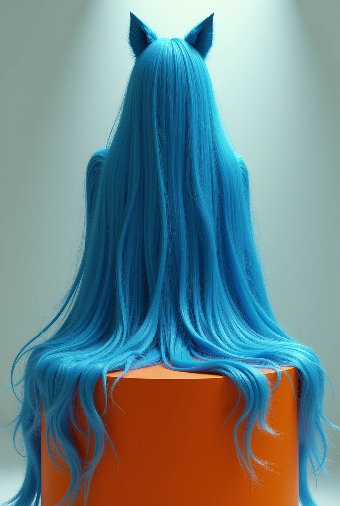 foreground, lots of blue hair cascading down onto an orange table ,surrealism, furry,