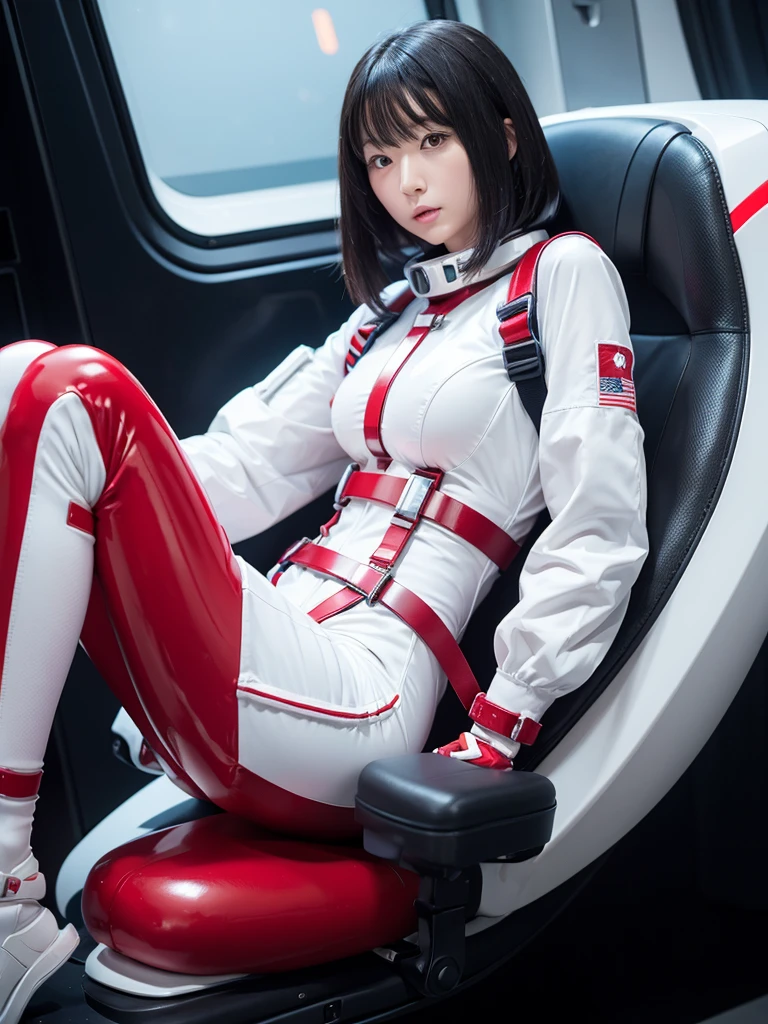 Japanese female android,White and red shiny robot suit,Wide-legged squats,Black Hair,Space capsule,I was completely strapped into the black seat with a thick harness and couldn't move.,