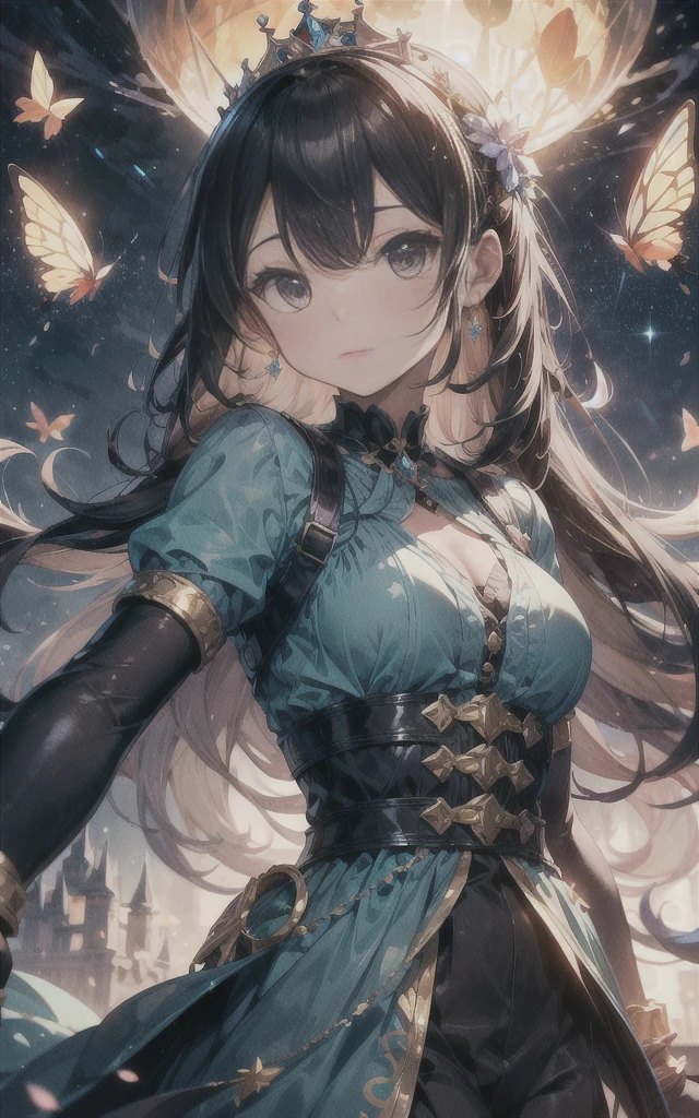 "A young princess with hair flowing like liquid gold, intertwined with miniature floating castles and tiny robotic butterflies. Her gown is made of shimmering starlight and living flowers that bloom and change colors with her emotions." theme:Fusion of the future and tradition