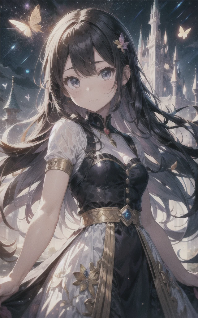 "A young princess with hair flowing like liquid gold, intertwined with miniature floating castles and tiny robotic butterflies. Her gown is made of shimmering starlight and living flowers that bloom and change colors with her emotions." theme:Fusion of the future and tradition