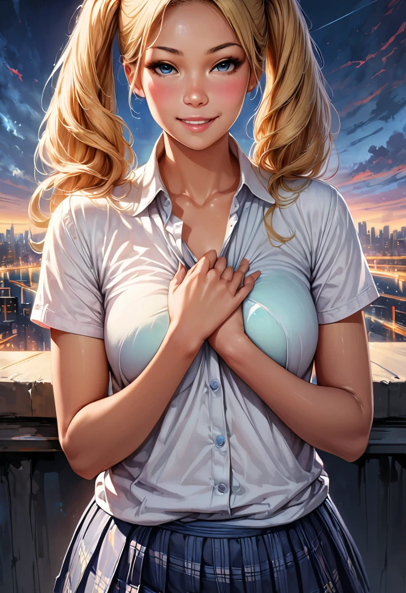 (masterpiece:1.3, Highest quality, Ultra-high resolution, Very detailed), (Realistic:1.1, photoRealistic:1.4), Beautiful illustrations, Perfect lighting, colorful, Written boundary depth, Beautiful detailsまでこだわった髪, Beautifully detailed face, Beautiful details, Beautiful clavicle, Beautiful body, Beautiful breasts, Beautiful thighs, Beautiful legs, Beautiful fingers, View your audience, 1 girl, Japanese, high school girl, Perfect Face, (Perfect Anatomy, Anatomically correct), Cute and symmetrical face, , Sunburn, Glowing Skin, (Mid-length hair:1.5, Twin tails:1.2, blonde), Asymmetrical bangs, blue eyes, Long eyelashes, (Mid-chest), thin, ((Collared short-sleeved shirt, Light blue shirt, , Grey plaid pleated skirt, To the Navy)), Light blue panties (Beautiful views), evening, (Outdoor, distant cityscape), Are standing, (peace sign), (Cute Smile, Upward glance, Open your mouth),