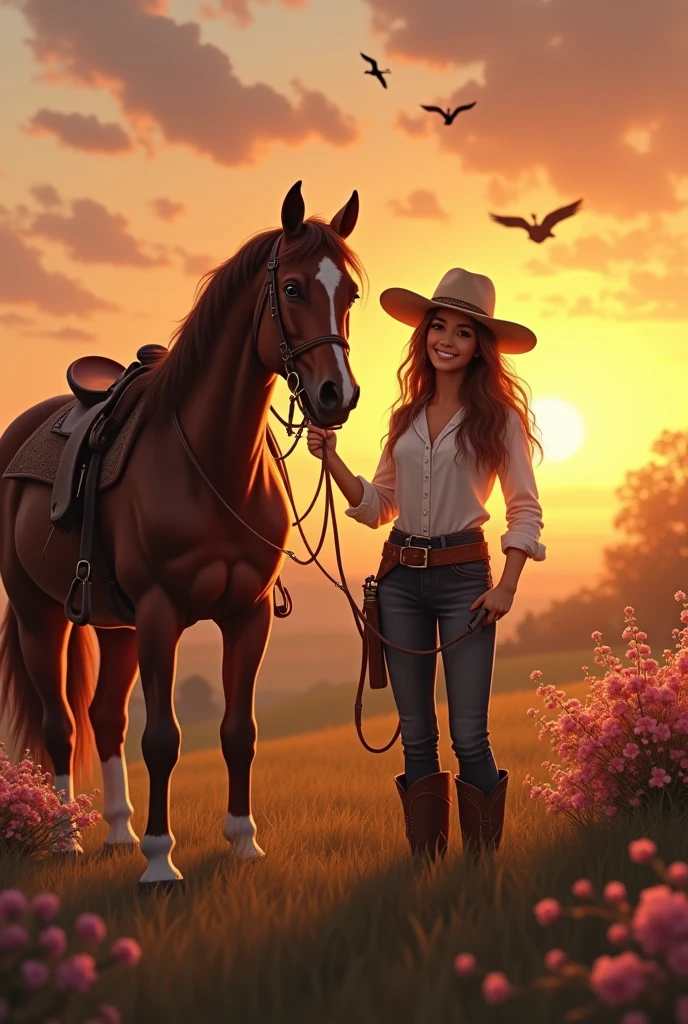 A gorgeous young woman with cowboy cloths. She got brown hair and big eyes. She is smiling. Feeding a horse. Her boyfriend is standing next to her. Sunset in the background. Birds in the sky. Bushes with flowers.