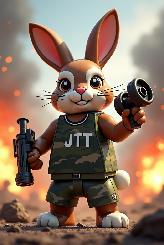 LEGO block style finish。Holland Lop Eared Rabbit with both ears fully drooping　Lightly mottled broken brown、Body is white、Wearing a camouflage tank top、The body is muscular and well-trained.、The clothes say JTt、A fierce battlefield with explosions、He has a dumbbell and a gun in his hand