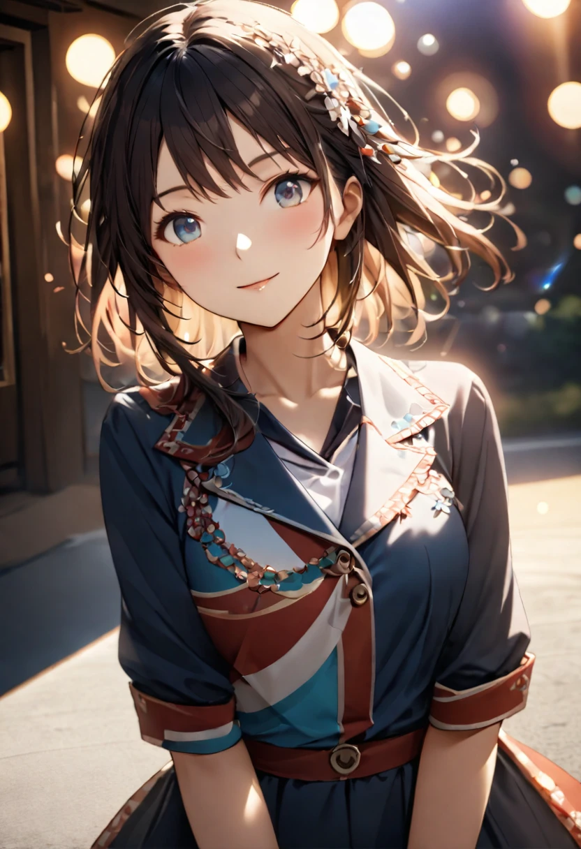 Highest quality,Delicate illustration,Detailed depiction, masterpiece, Boho Eye Hinai Girl, Playful Themes, Group of 2、Two girls、High school girls、Same uniform、Raw photo of a girl in uniform。Decorative details and symbols are often used。, Brown hair gently fluttering in the wind,Clear blue eyes、great joy、Raw photo of a girl in uniform。Decorative details and symbols are often used。, Black hair gently fluttering in the wind,Clear red eyes、A gentle smile、 Long-distance shots, High Key Light, Hard Shadows, Soft bokeh, Professional photography, A balanced deal, Balanced Exposure,