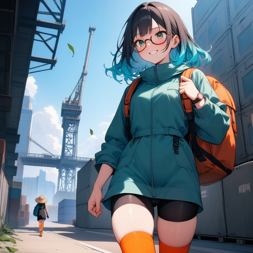(masterpiece),(best quality),very aesthetic,(ultra-detailed),high saturation,nsfw,1girl,25yo,slender,tall,medium hair,black hair,natural wave hair,flipped hair,dark green eyes,comfortable,smirk,glasses,(straw hat with leaf color ribbon:1.2),carrying a aqua blue rucksack,a GoPro attached to the shoulder strap of a rucksack, (thigh-high parka dress with gradient earth color,black bike shorts),long sleeves,Sneaker Shoes,short orange socks,wristwatch,comfortable,excited,look around restlessly,no entry zone,freight port,concrete ground,Wharf with many containers lined up,gantry crane,Skyscrapers tower in the distance,,walking,summer,cowboy shot,looking away,blue sky
