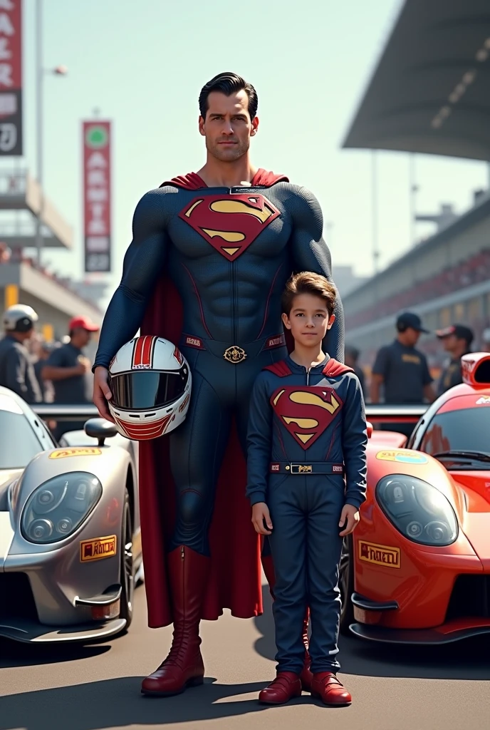 Superman as a racing car driver next to his car with a driver costume and helmet in hand and near to his son as a racing car driver next to his car with a driver costume and helmet.