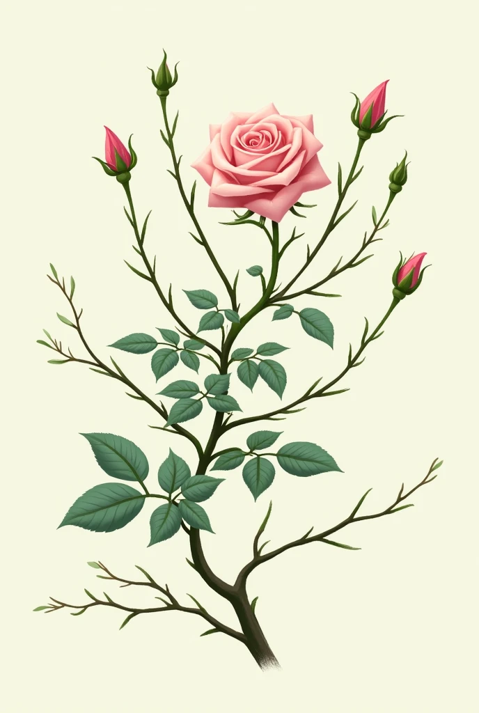semi realistic illustration of just one rose bush, with long branches and twigs