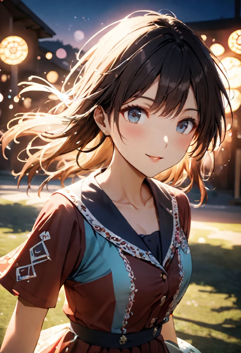 Highest quality,Delicate illustration,Detailed depiction, masterpiece, Boho Eye Hinai Girl, Playful Themes, Group of 2、Two girls、High school girls、Same uniform、Raw photo of a girl in uniform。Decorative details and symbols are often used。, Brown hair gently fluttering in the wind,Clear blue eyes、great joy、Raw photo of a girl in uniform。Decorative details and symbols are often used。, Black hair gently fluttering in the wind,Clear red eyes、A gentle smile、 Long-distance shots, High Key Light, Hard Shadows, Soft bokeh, Professional photography, A balanced deal, Balanced Exposure,