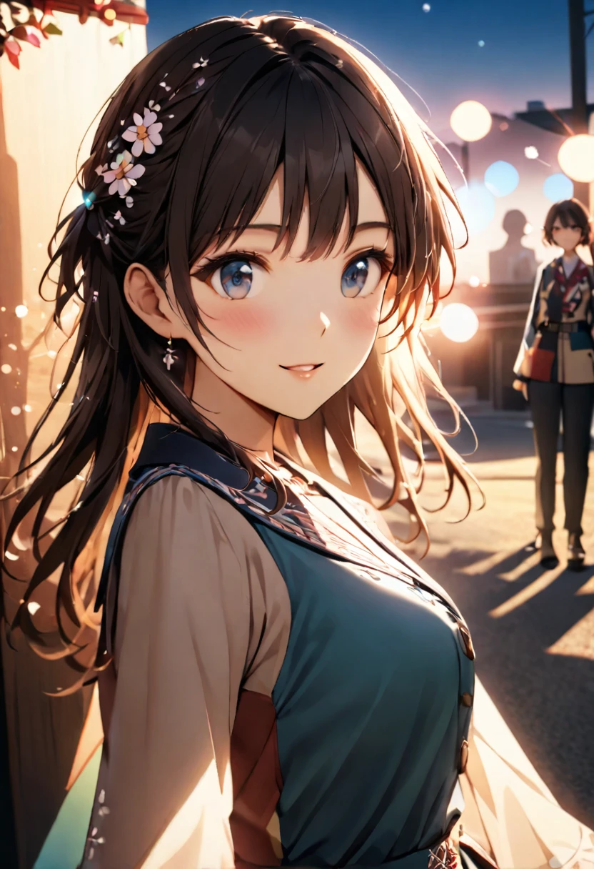 Highest quality,Delicate illustration,Detailed depiction, masterpiece, Boho Eye Hinai Girl, Playful Themes, Group of 2、Two girls、High school girls、Same uniform、Raw photo of a girl in uniform。Decorative details and symbols are often used。, Brown hair gently fluttering in the wind,Clear blue eyes、great joy、Raw photo of a girl in uniform。Decorative details and symbols are often used。, Black hair gently fluttering in the wind,Clear red eyes、A gentle smile、 Long-distance shots, High Key Light, Hard Shadows, Soft bokeh, Professional photography, A balanced deal, Balanced Exposure,