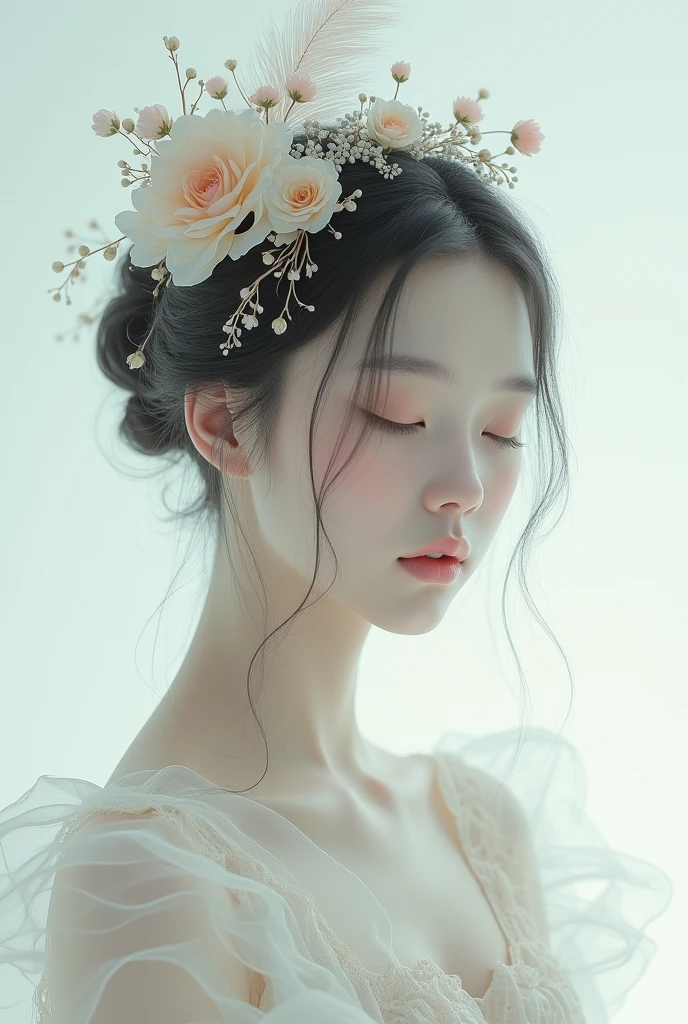 Delicate face、solo, accessories, Widescreen, Braid, Minimalist, moving line, Dutch Angle, Headpiece, 