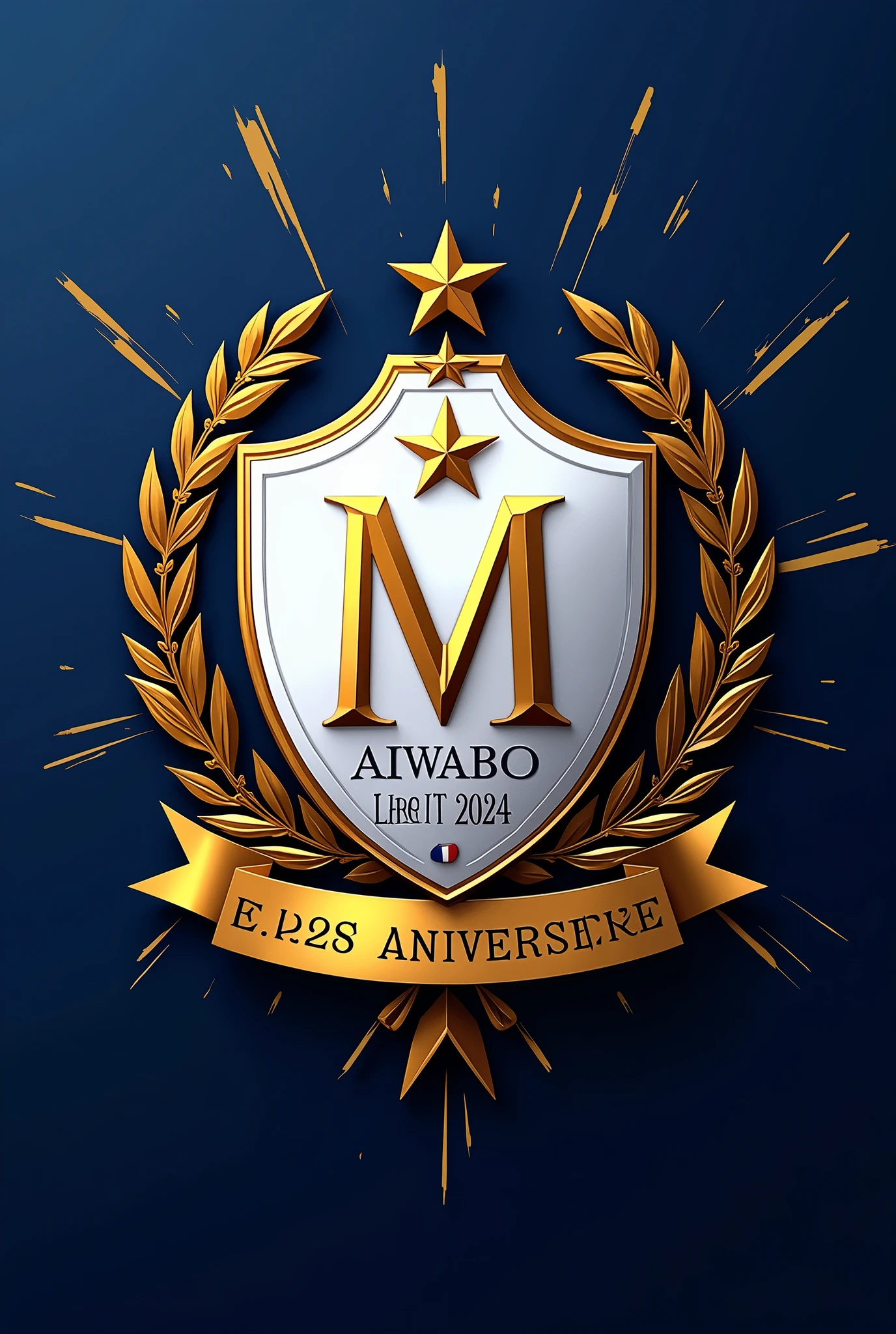 This image is a digital rendering of a crest featuring a shield with intricate details. The shield is predominantly white with gold and blue accents. At the center of the shield is a large, stylized "M" in gold, flanked by two blue triangles. Above the "M," there is a gold star. Below the "M," there is a gold ribbon with the text "DROIT AU BUT" in gold. The ribbon is flanked by two blue triangles. Surrounding the shield is a golden border with a white background, creating a sunburst effect. At the top of the shield, there is a blue, white, and red tricolor flag, Olympique de Marseille representing the French flag. The text "1999-2024" are written in gold above the "M," indicating significant "125 anniversaires". The background of the image is a deep navy blue with a subtle texture, enhancing the contrast and making the crest stand out prominently. The overall design is clean and symmetrical, with a strong emphasis on the colors and symbols, Olympique de Marseille team logo.