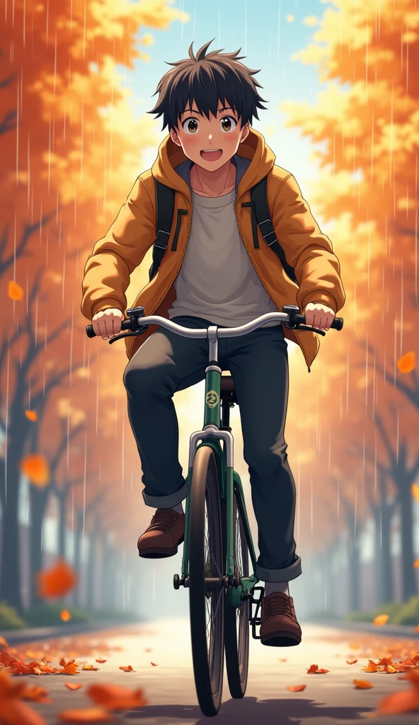 anime school guy riding bicycle with drizzling autumn leaves , with smiling face , low angle view , UHD, 8k, --ar 16:9 --stylize 750 --v 5.2