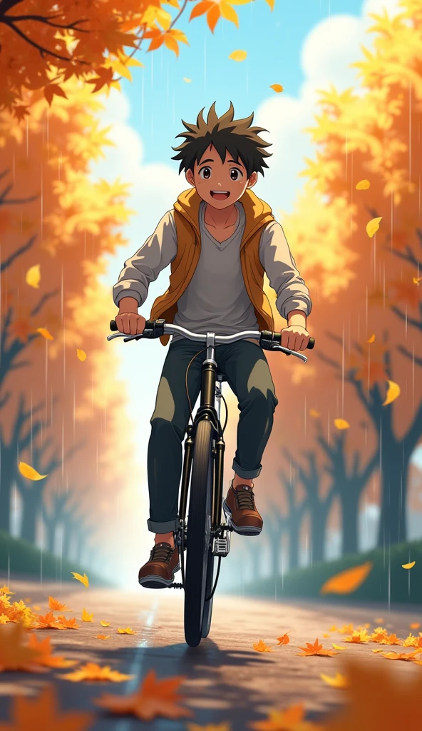 anime school guy riding bicycle with drizzling autumn leaves , with smiling face , low angle view , UHD, 8k, --ar 16:9 --stylize 750 --v 5.2