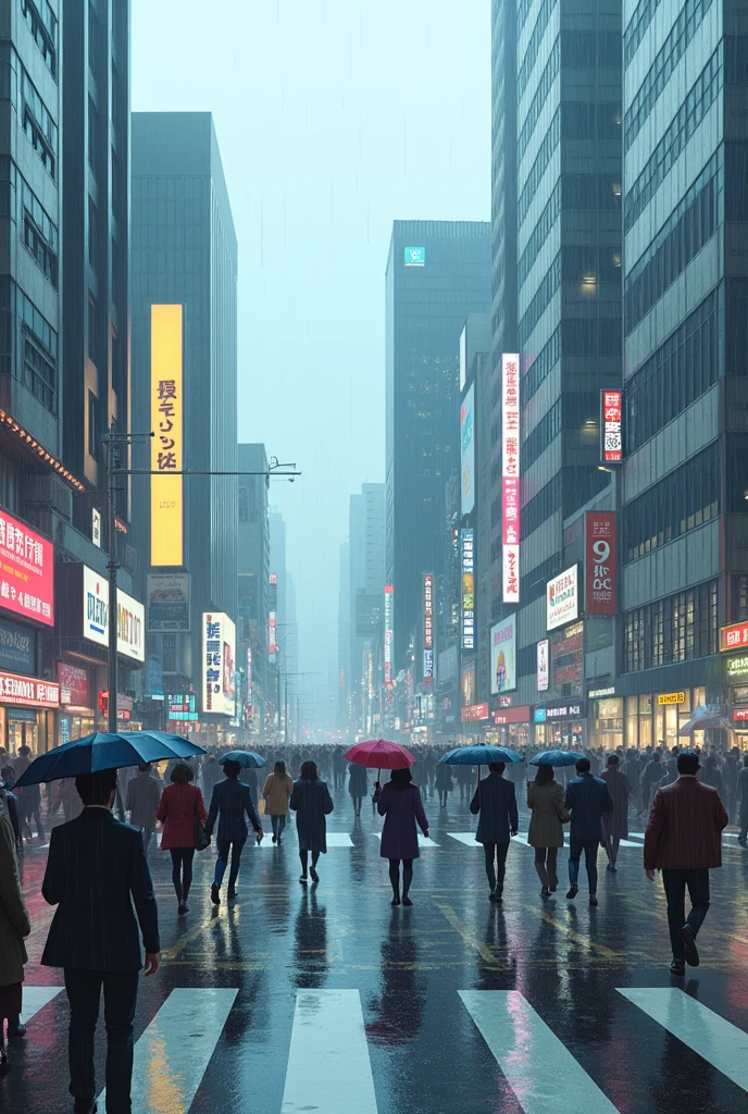 The scramble crossing seen from Magnet Buy Shibuya, rain, people passing by, cars and buses, slam dunk, retro, pastels, wide shot,