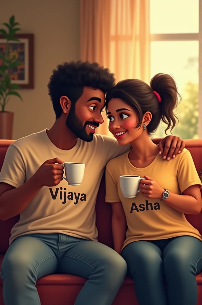 Husband and wife sitting on sofa and drinking coffee together. Husband name is Vijaya. Husband name is printed on the front side of his t-shirt. Wife name is Asha. Wife name is printed on the front of her t-shirt.