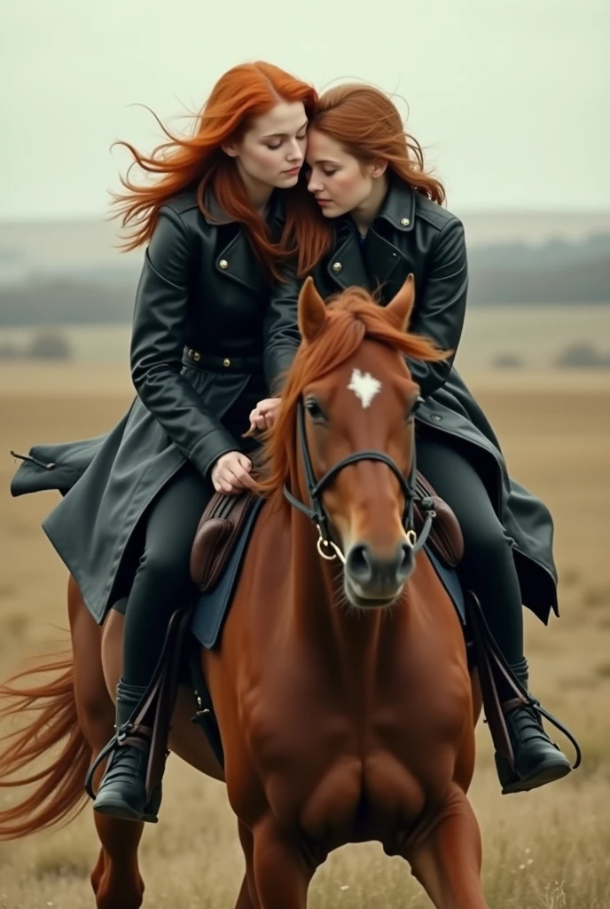 A ginger girl in black leather trench coat and pants with her head on the shoulders of her shy girlfriend while riding  a horse, taking a realistic photo while the horse is running 