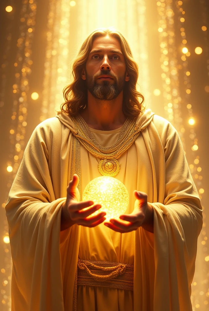 A beautiful Jesus is a very beautiful figure dressed in diamond gold Create the most beautiful professional photos Make photo like god pouring gold diamond from sky A beautiful diamond chain should be worn by GodIt is as if God holds a world in His hands Create the most beautiful background in this world by creating the most beautiful photo model ❤️ 