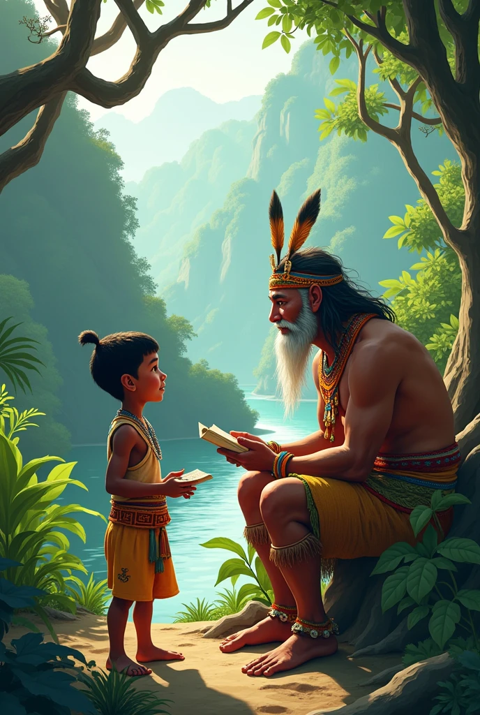 Kusi and the Sacred Numbers, indigenous male child from the Amazon, indigenous elder, Beautiful landscape, telling stories, 2d