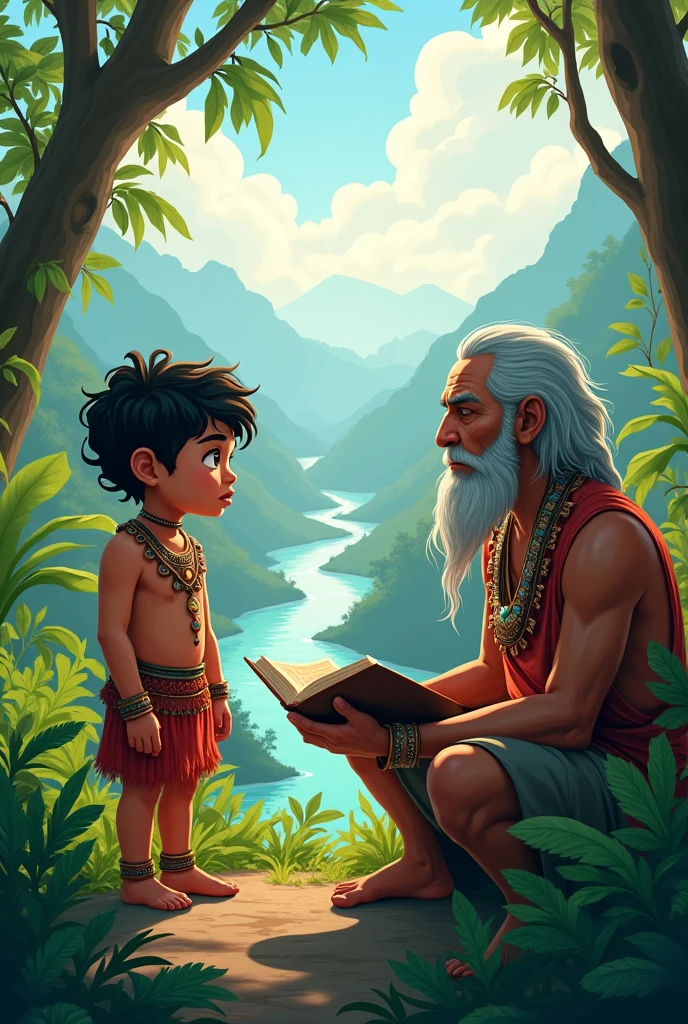 Kusi and the Sacred Numbers, indigenous male child from the Amazon, indigenous elder, Beautiful landscape, telling stories, 2d
