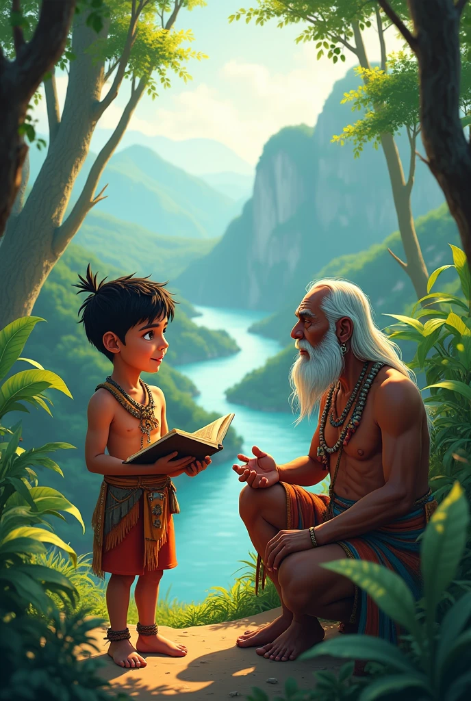 Kusi and the Sacred Numbers, indigenous male child from the Amazon, indigenous elder, Beautiful landscape, telling stories, 2d