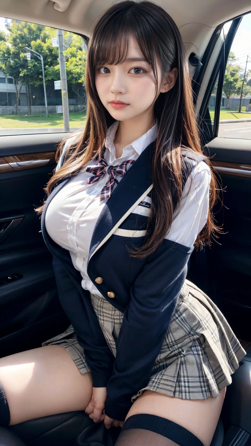 masterpiece, best quality, illustration, Super detailed, fine details, High resolution, 8K,wall paper, perfect dynamic composition,(Details High quality, realistic depiction of eyes:1.3), from side, In the car、High school girl uniform、blazer 、Super Short Check Uniform Skirt、Navy blue high socks、garterbelts、Colossal tits、Disturbed uniform, straight hair, black hair color, huge breasts, Big Natural Color Lip, bold sexy pose, (perfect body shape), crying a little、Harajuku style、20 year old girl、 beautiful legs, hposing Gravure Idol, Voluptuous thighs