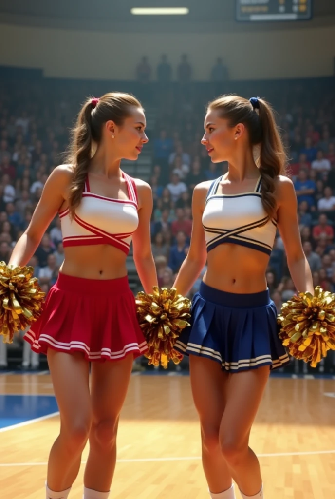Kat Dennings and Ann Kendrick in cheerleader uniforms.